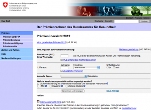 www.priminfo.ch: Ansicht der Webseite des Prämienrechners des Bundesamtes für Gesundheit (BAG)