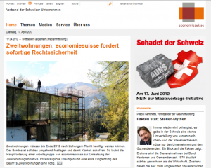 Die Arbeiterorganisation economiesuisse fordert klare Regeln zur Zweitwohnungsinitiative (Bildquelle: economiesuisse.ch)