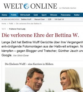 Bettina wulff Das Wort Ehre in Verbindung mit dem Namen Wulff dürfte vielen in Deutschland sauer aufstoßen. Die weitaus überwiegende Mehrheit der Deutschen empfand Ex-Bundespräsident Christian Wulffs Verhalten als äußerst ehrlos (Bildschirmfotoausriß: Die Welt)