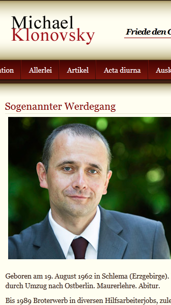 Michael Klonovsky: Gemäß Wikipedia ein "neurechter Kettenhund" (Bildschirmfotoausriß: offizielle Webseite, vgl. Verweis im Blogbeitrag) Michael Klonovsky: Gemäß Wikipedia ein "neurechter Kettenhund" (Bildschirmfotoausriß: offizielle Webseite, vgl. Verweis im Blogbeitrag)