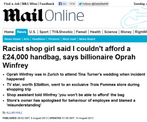 Menschenhatz der politische Korrekten und Gutmenschen auf Brutalo-Weise: Weltweit wird die jungen (ausländische) Verkäuferin und ein ganzes Land durch Oprah Winfrey bösartig als rassistisch gebrandmarkt (Bildschirmfoto des Daily-Mail-Webseiten-Beitrags von Allan Hall: SchweizBlog.ch)