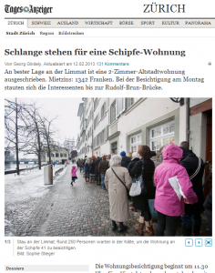 Für Wohnungen an der Schipfe, die die linksregierte Stadt Zürich vermietet, stehen hunderte Leute Schlange... Und zwar zum "Normalpreis" wollen diese Leute mieten. Nicht zum Kathy Riklin-Spezialpreis. (Bildschirmfotoausriß: Tagi)