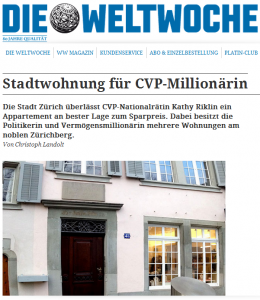 "Positionierung im Zentrum" steht auf Kathy Riklins Webseite. Im Zentrum hat sie sich tatsächlich positioniert... (Bildschirmfoto: Weltwoche)