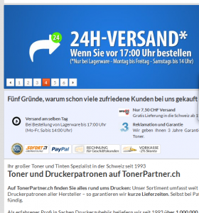 Nicht alle liefern prompt beim Tonerversand, manche aber garatieren Lieferung am selben Tag der Bestellung (Bildschirmfotoausriß: Tonerpartner.ch)