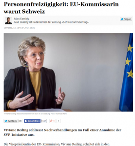 EU-Kommissarin Viviane Reding warnt die Schweizer Stimmbürger. Was ist davon zu halten?(Bildschirmfotoausriß: Schweiz am Sonntag)