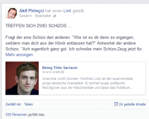 Staatskünstler Wolfram Lotz wird von Welt-Redaktor Felix Stephan beweihräuchert: Akif Pirinccis Kommentar dazu ist so herzhaft wie gewohnt satirisch (Bildschirmfotoausriß: FB)