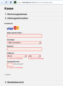 Bildschirmfotoausriß: Die NZZ will im Internet Sachen verkaufen aber bietet keine Internetzahlmöglichkeit an. Unglaublich. 