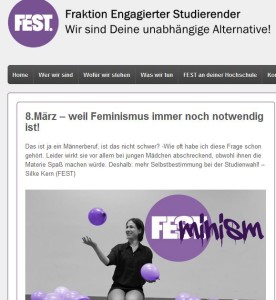 Wes Geistes Kind der linke Studentenverein ist, dem sie angehört, kann man auf der Webseite sehen. Dort wird die menschenverachtende Ideologie des Feminismus verfochten. (Bild: FEST)