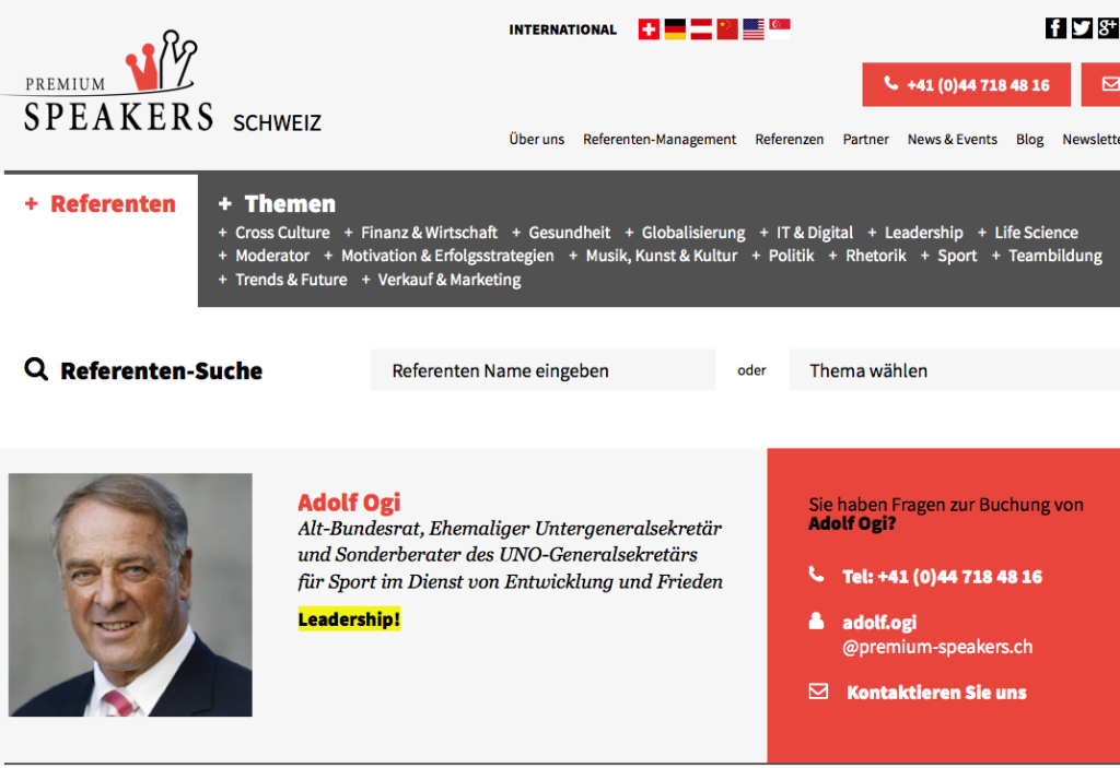 Adolf Ogi kann man für Geld bei einer Firma namens "Peihmium Spiehkärs" (premium speakers) buchen / Bildschirmfotoausriß
